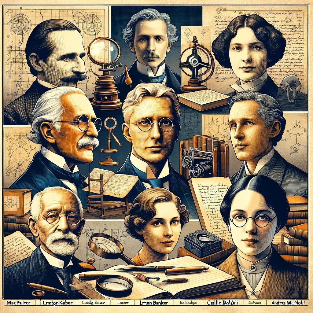 collage artístico que representa a figuras históricas importantes en el campo de la grafología, incluyendo a Max Pulver, Ludwig Klages, Milton Bunker, Irene Marcuse, Camille Baldi y Andrea McNichol.