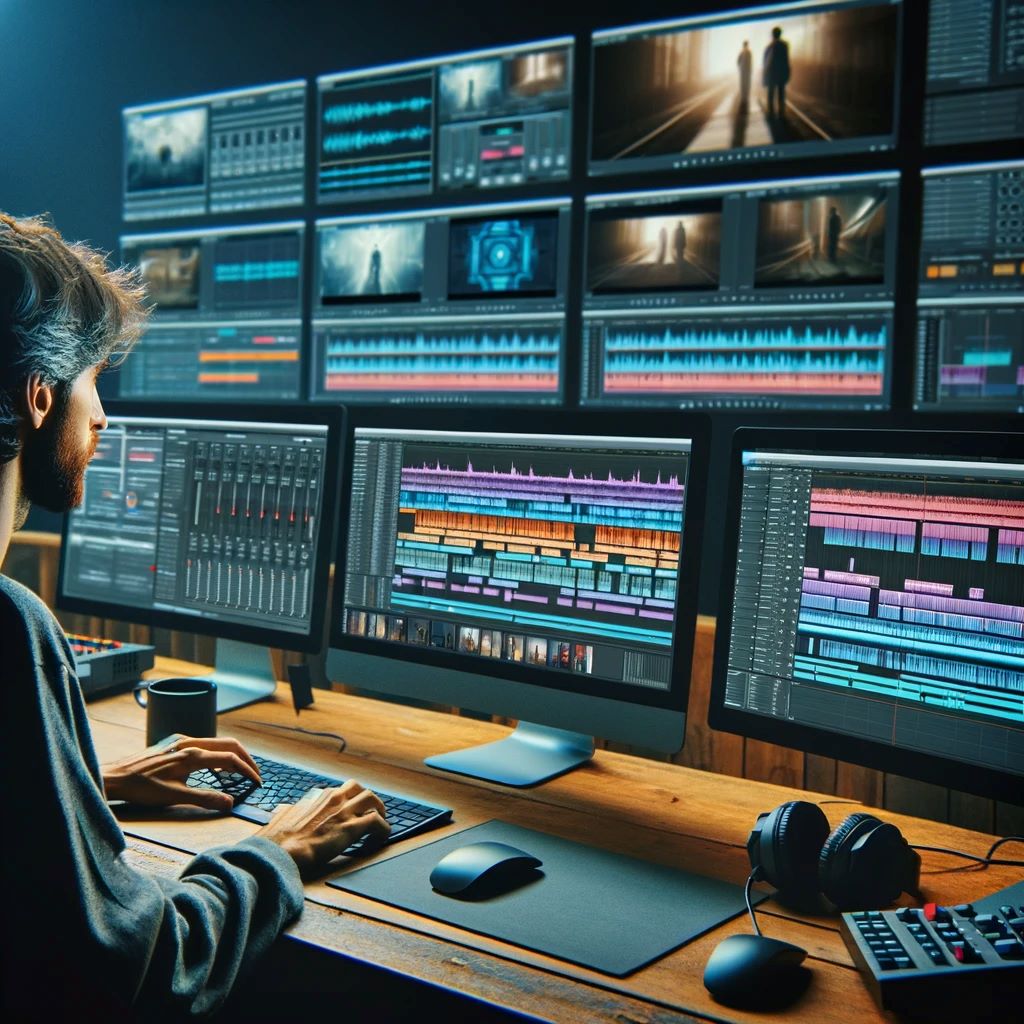 Un productor audiovisual trabajando en la edición de un video en un estudio de postproducción, ajustando cortes y efectos visuales.