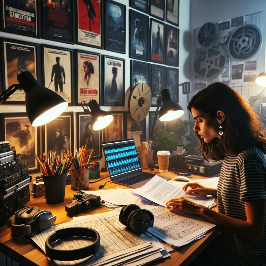 Una productora audiovisual revisando guiones y planos en su oficina, rodeada de pósters de películas y equipos de filmación.