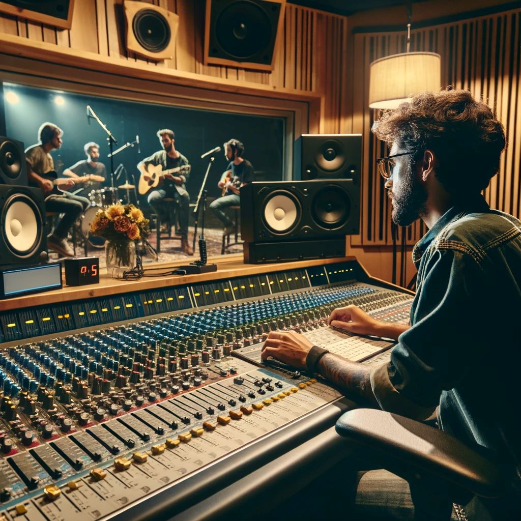 Un productor audiovisual coordinando una sesión de grabación de música en un estudio, ajustando niveles en la mesa de mezclas.