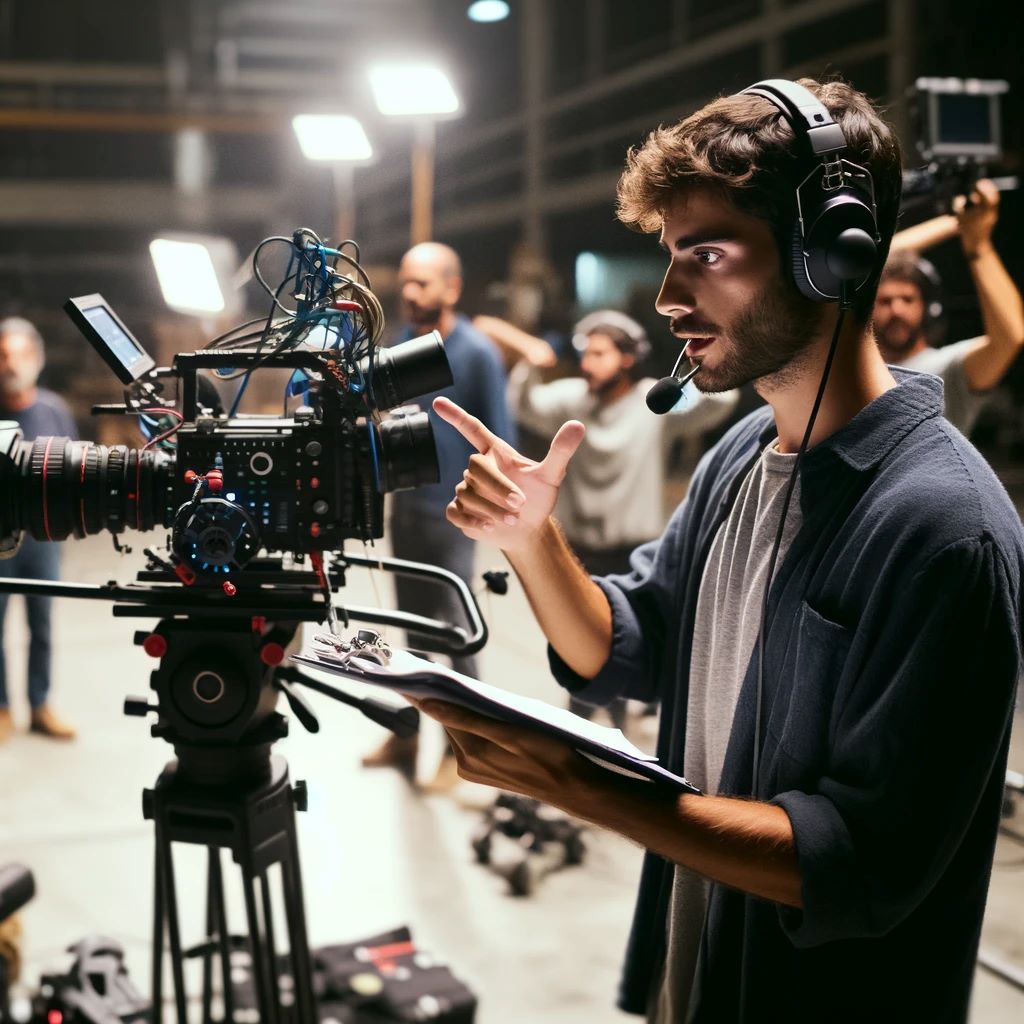 Un productor audiovisual en el set de filmación, dando instrucciones al equipo de cámara y sonido, mostrando un ambiente dinámico de trabajo.