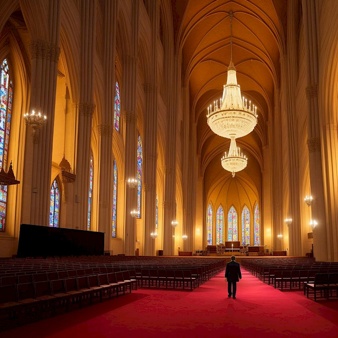 Un hombre camina en una Iglesia