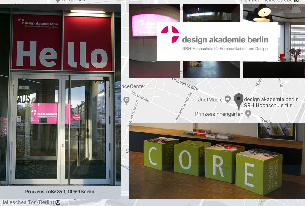 Collage de la entrada principal al design akademie berlin SRH Hochschule für Kommunikation und Design -  CORE: competencia orientada en Investigación y Educación. Fotos de la #rutansqe por centros educativos en Berlín.