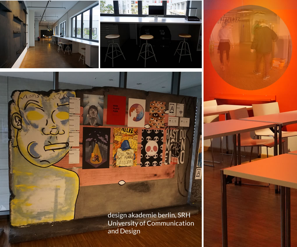 Collage de fotos del pasillo interior y aula del design akademie berlin - Fotografías de la #rutansqe 5 Noviembre de 2019.